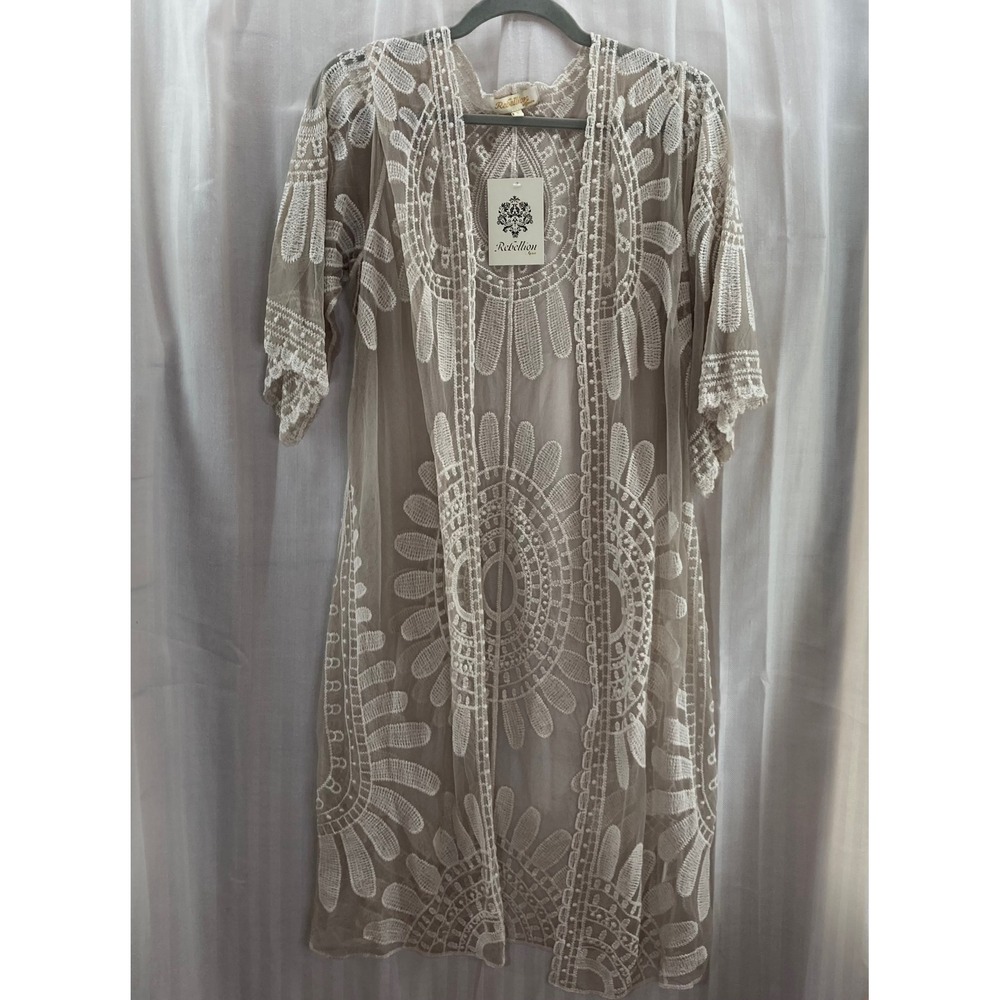 Rebellion Again Sheer Lace Kimono Cardigan Tan Floral Sunburst S‎ Ethereal Boho